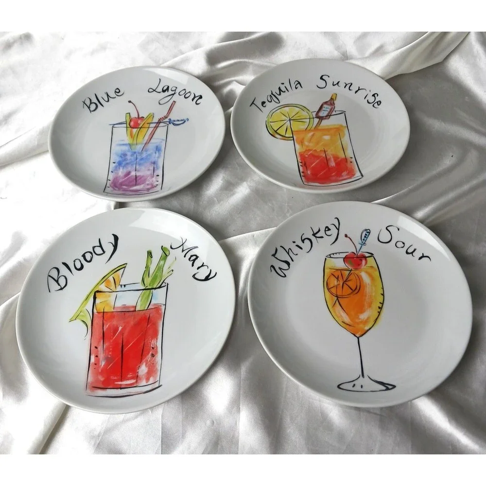SET OF 4 APPETIZER SNACK PLATES 6 1/2'' - MIXED DRINKS/LIQUOR THEME